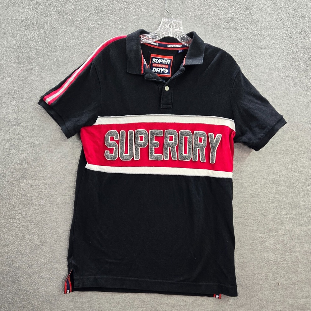 Superdry Men Polo Shirt Large Black Red Colorblock Chenille Embroidered Collar